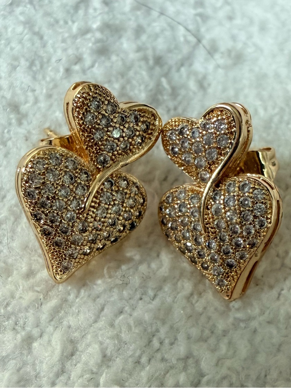 Gold Heart Pavé Stud Earrings - Sparkling Double Heart Design